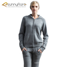 Best selling 100% cashmere women zip front hoodie sweater